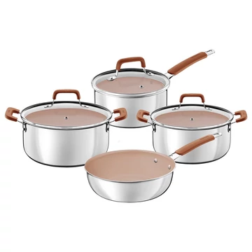 TRAMONTINA ROMAGNA 4 RÉSZES ROZSDAMENTES ACÉL ÉS ALUMÍNIUM EDÉNYKÉSZLET ELEFÁNTCSONT KERÁMIA BELSŐ BEVONATTAL