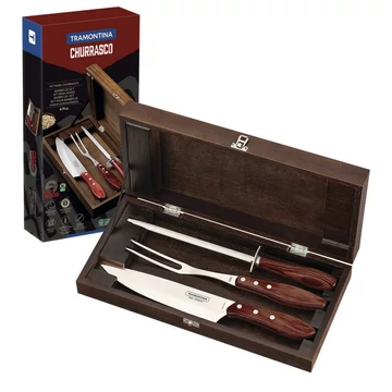 TRAMONTINA 4 DARABOS ROZSDAMENTES ACÉL GRILLSÜTŐ KÉSZLET PIROS MŰANYAGFA FOGANTYÚKKAL ÉS FA TOKKAL