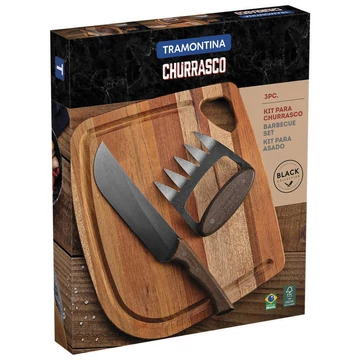 TRAMONTINA CHURRASCO BLACK, 3 RÉSZES GRILLSÜTŐ SZETT, FEKETÍTETT ROZSDAMENTES ACÉL PENGÉKKEL, FA FOGANTYÚKKAL ÉS VÁGÓDESZKÁVAL