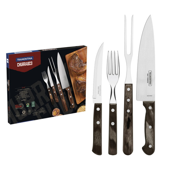 TRAMONTINA 14 DARABOS ROZSDAMENTES ACÉL GRILLKÉSZLET BARNA POLYWOOD NYÉLLEL
