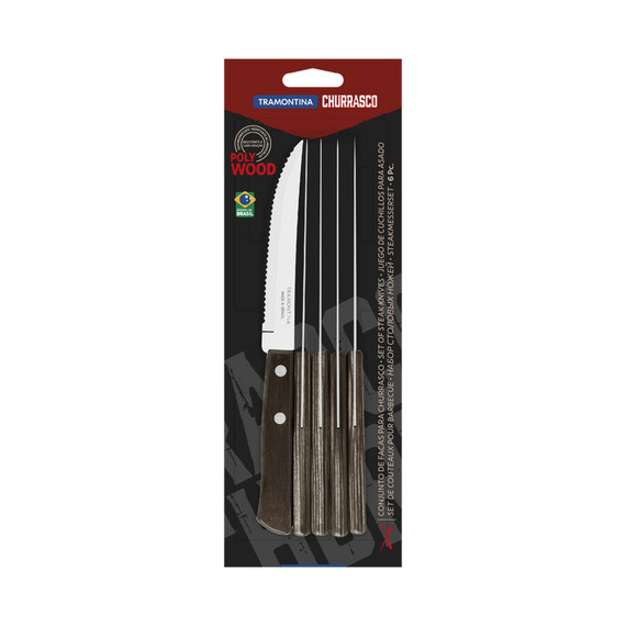 TRAMONTINA POLYWOOD 6 DARABOS STEAK KÉSKÉSZLET ROZSDAMENTES ACÉL PENGÉKKEL, 12,5 CM