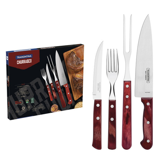 TRAMONTINA 14 DARABOS ROZSDAMENTES ACÉL GRILLSÜTŐ KÉSZLET PIROS POLYWOOD FOGANTYÚKKAL
