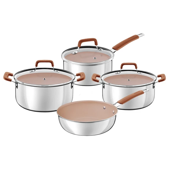 TRAMONTINA ROMAGNA 4 RÉSZES ROZSDAMENTES ACÉL ÉS ALUMÍNIUM EDÉNYKÉSZLET ELEFÁNTCSONT KERÁMIA BELSŐ BEVONATTAL