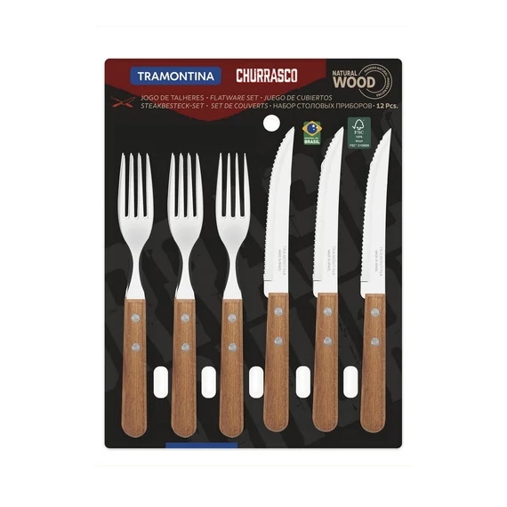TRAMONTINA CHURRASCO 12 DARABOS EVŐESZKÖZKÉSZLET ROZSDAMENTES ACÉL PENGÉKKEL ÉS NATÚR FA FOGANTYÚKKAL
