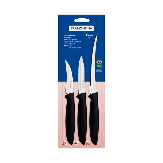 TRAMONTINA PLENUS 3 RÉSZES KÉSKÉSZLET ROZSDAMENTES ACÉL PENGÉVEL ÉS FEKETE POLIPROPILÉN NYÉLLEL