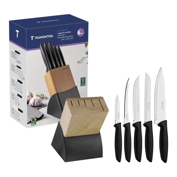 TRAMONTINA PLENUS 6 RÉSZES KÉSKÉSZLET ROZSDAMENTES ACÉL PENGÉKKEL ÉS FEKETE POLIPROPILÉN NYÉLLEL, FA TARTÓVAL.